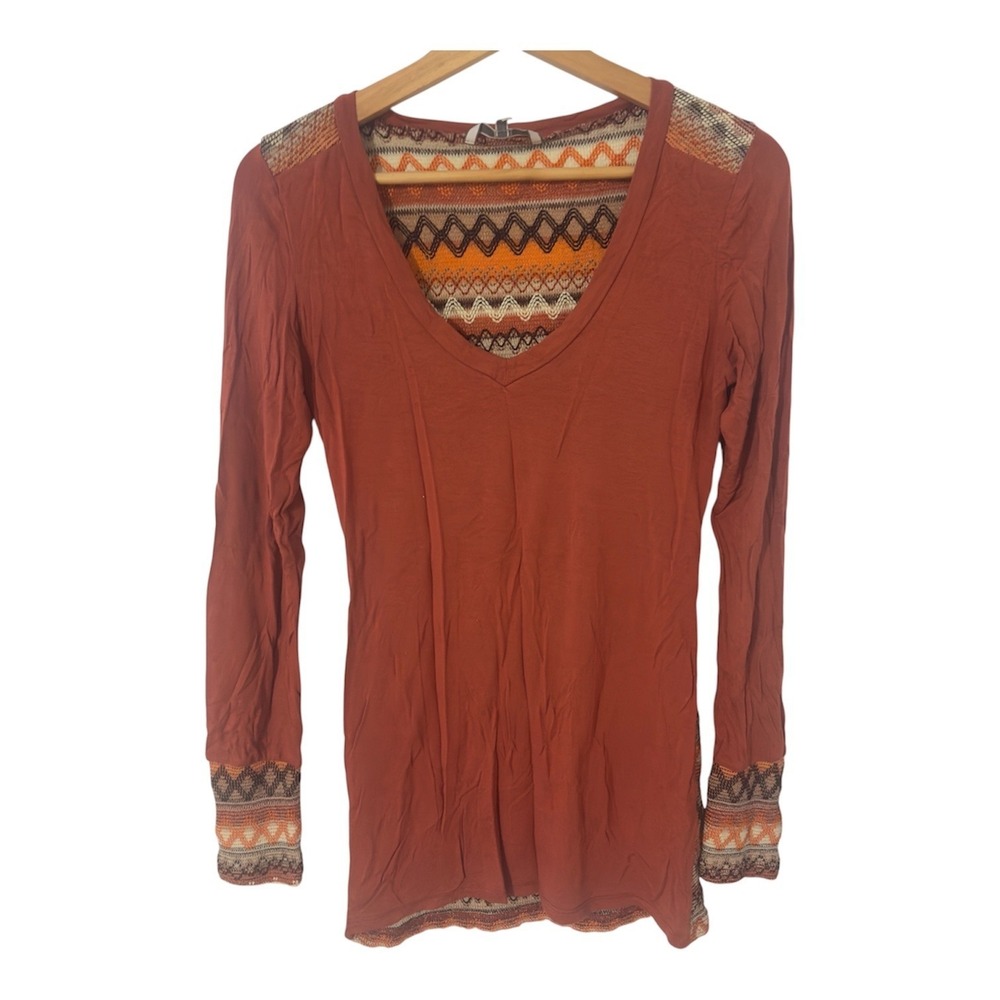 BKE Womens Rust Orange Mixed Media Geometric Knit Back Long Sleeve Top Medium
